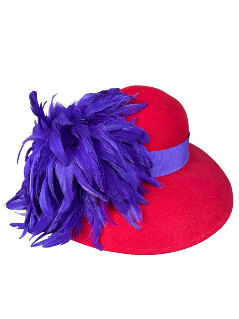 Red Wool Womens Hat Purple Feather Embellishment Elegant Statement Accessory